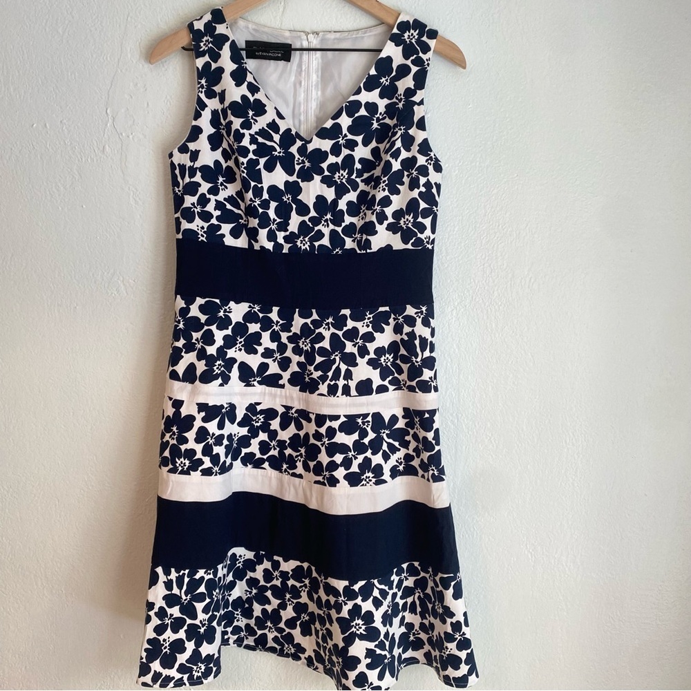 Evan Picone Black Label Navy Blue And White Tiered Ruffled Midi Dress